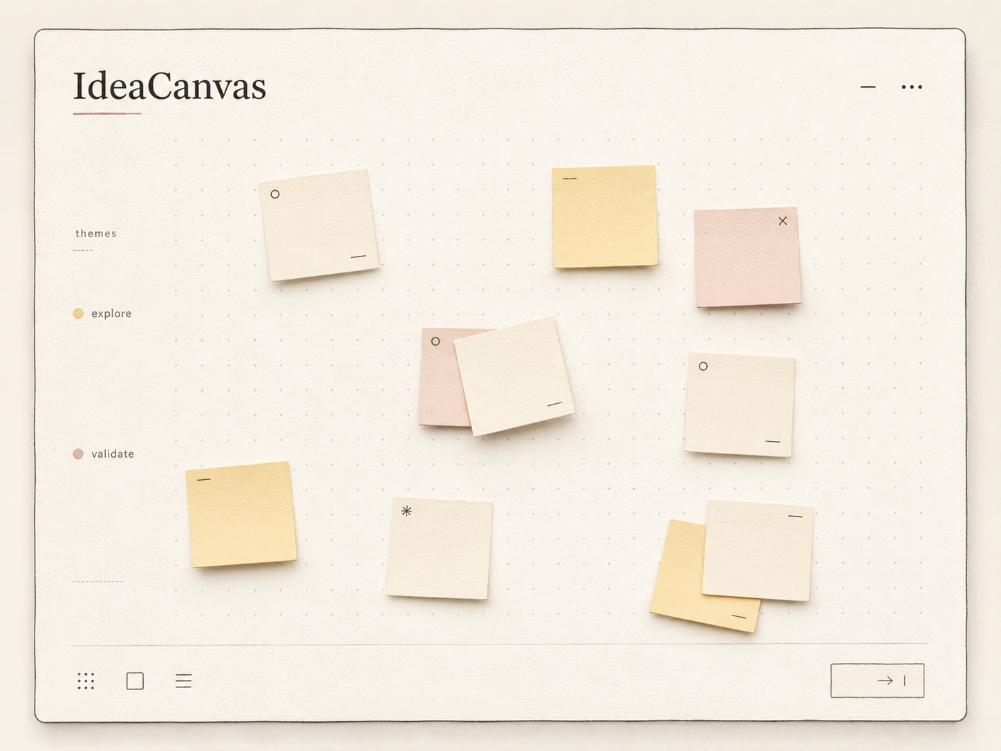 Spatial idea canvas with clustered notes and Markdown export